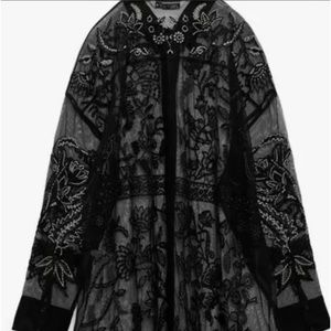 Mesh embroidered long kimono